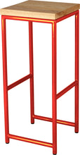 Load image into Gallery viewer, Red metal stool with natural stain ash wood made in UK - angle view round frame
