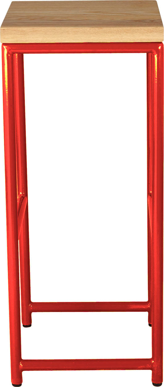 Red metal stool with natural stain ash wood made in UK - side view round frame