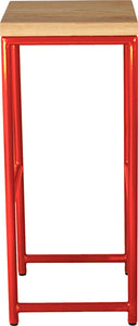 Red metal stool with natural stain ash wood made in UK - side view round frame