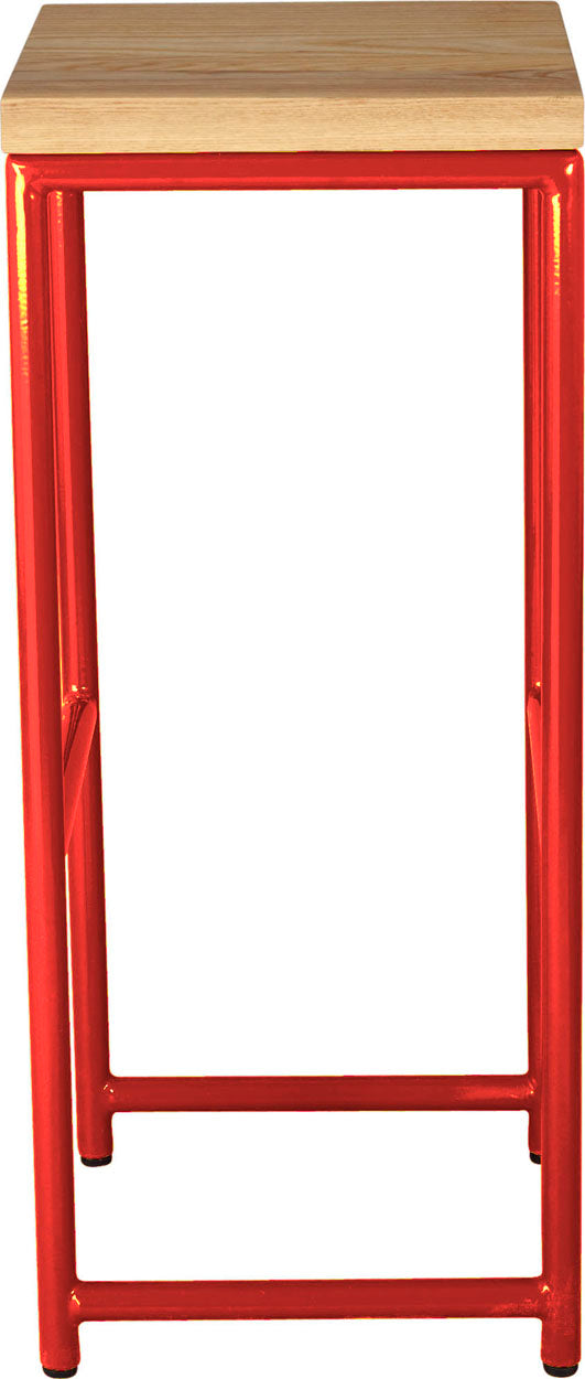 Red metal stool with natural stain ash wood made in UK - side view round frame