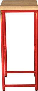 Red metal stool with natural stain ash wood made in UK - side view round frame