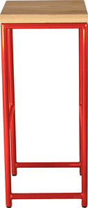 Red metal stool with natural stain ash wood made in UK - side view round frame