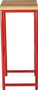 Red metal stool with natural stain ash wood made in UK - side view round frame