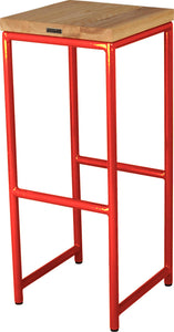 Red metal stool with natural stain ash wood made in UK - back side view round frame