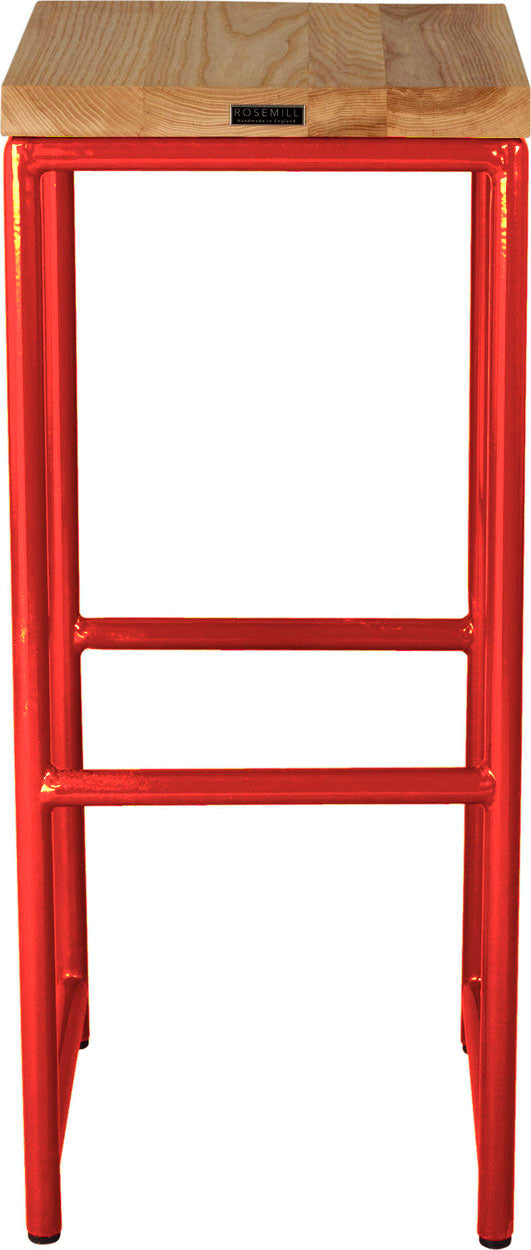 Red metal stool with natural stain ash wood made in UK - back view round frame