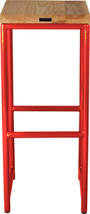 Red metal stool with natural stain ash wood made in UK - back view round frame
