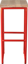 Load image into Gallery viewer, Red metal stool with whitewash stain ash wood made in UK - front view round frame
