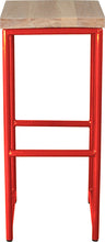 Load image into Gallery viewer, Red metal stool with whitewash stain ash wood made in UK - front view round frame
