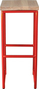 Red metal stool with whitewash stain ash wood made in UK - front view round frame