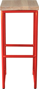 Red metal stool with whitewash stain ash wood made in UK - front view round frame