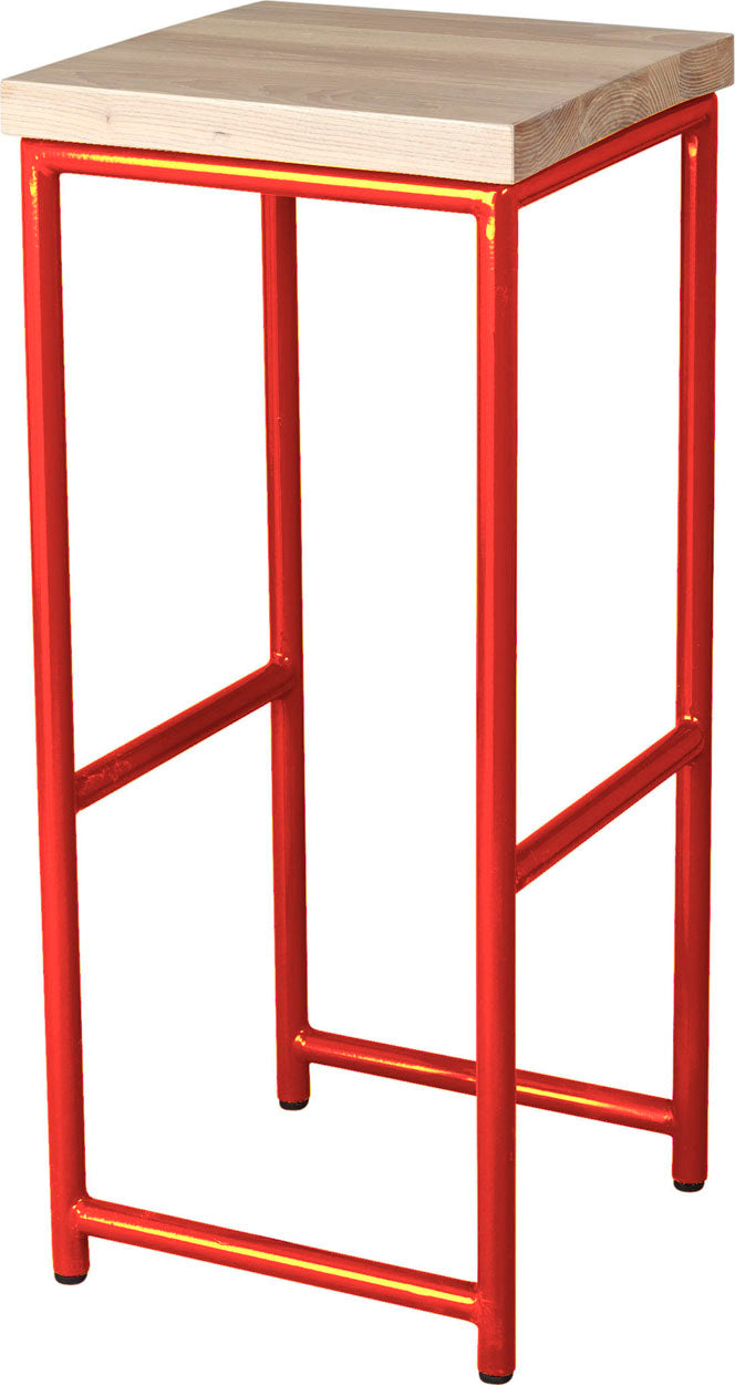 Red metal stool with whitewash stain ash wood made in UK - angle view round frame