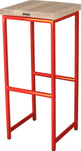 Load image into Gallery viewer, Red metal stool with whitewash stain ash wood made in UK - back side view round frame
