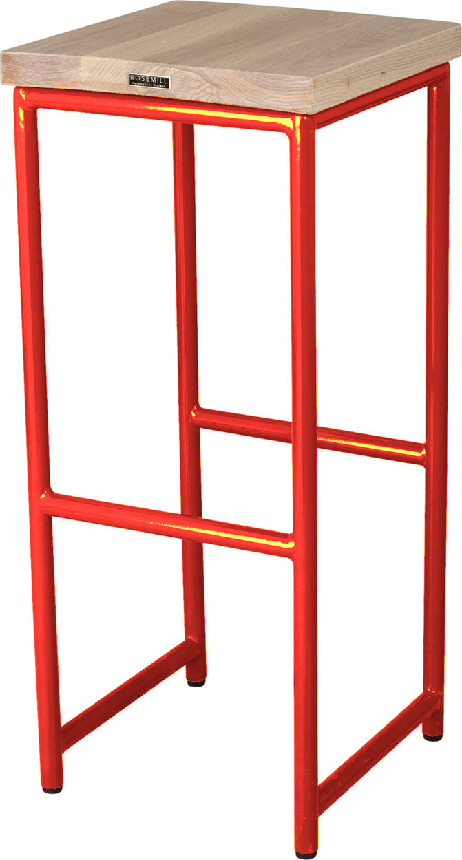 Red metal stool with whitewash stain ash wood made in UK - back side view round frame