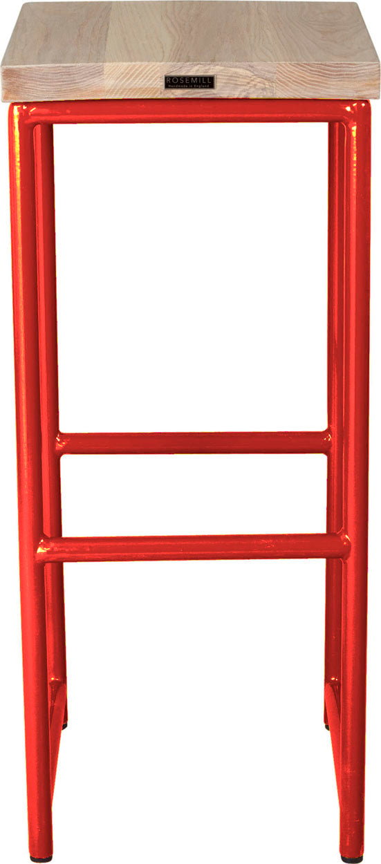 Red metal stool with whitewash stain ash wood made in UK - back view round frame