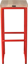 Load image into Gallery viewer, Red metal stool with whitewash stain ash wood made in UK - back view round frame
