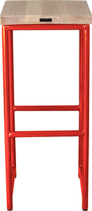 Red metal stool with whitewash stain ash wood made in UK - back view round frame