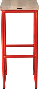 Red metal stool with whitewash stain ash wood made in UK - back view round frame