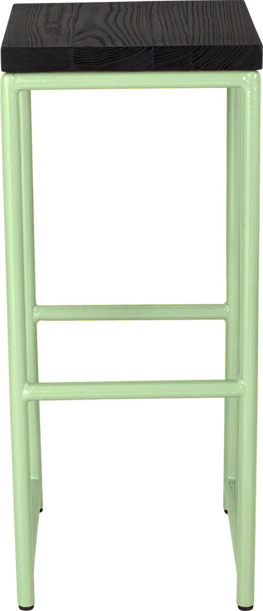 Sage green metal stool with black stain ash wood made in UK - front view round frame