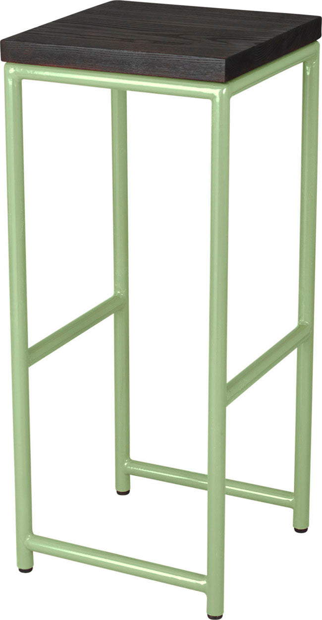 Sage green metal stool with black stain ash wood made in UK - angle view round frame