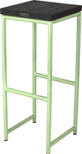Load image into Gallery viewer, Sage green metal stool with black stain ash wood made in UK - back side view round frame
