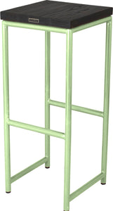 Sage green metal stool with black stain ash wood made in UK - back side view round frame