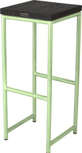 Sage green metal stool with black stain ash wood made in UK - back side view round frame