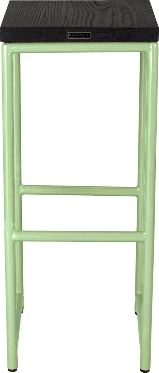 Sage green metal stool with black stain ash wood made in UK - back view round frame