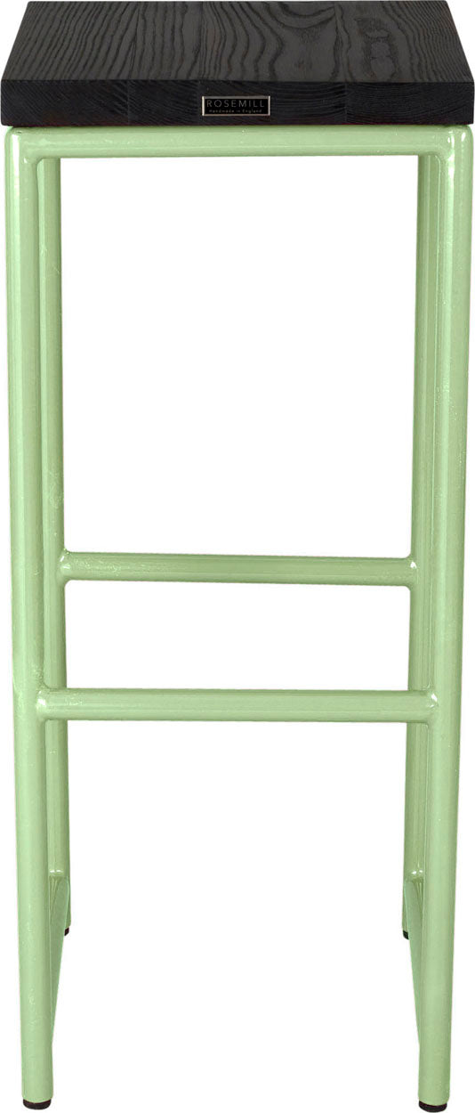 Sage green metal stool with black stain ash wood made in UK - back view round frame