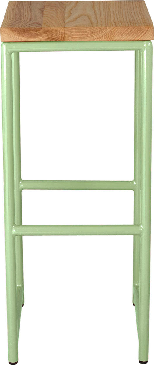 Sage green metal stool with natural stain ash wood made in UK - front view round frame