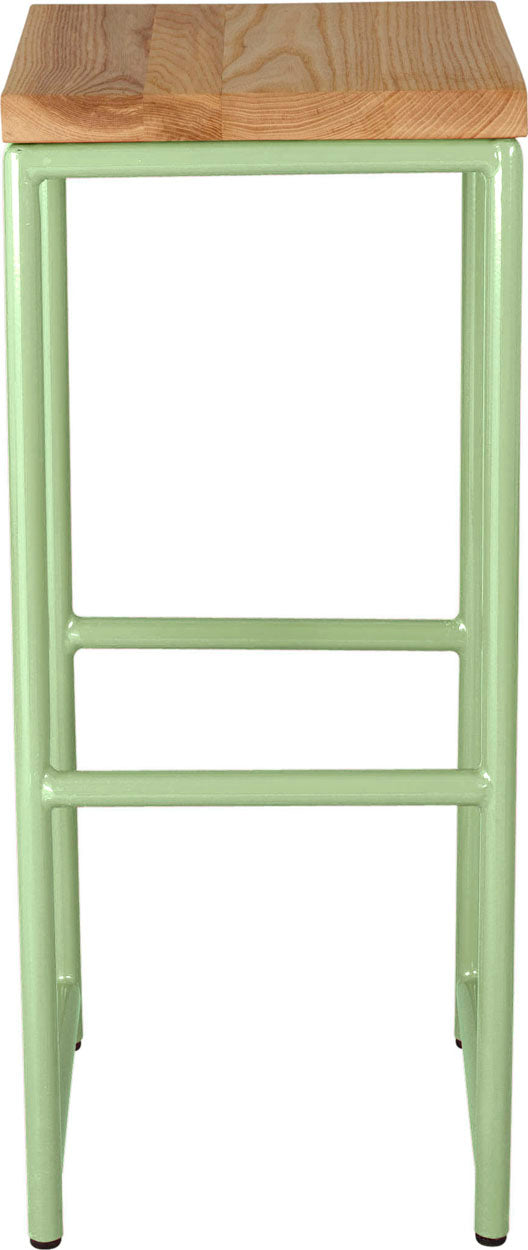 Sage green metal stool with natural stain ash wood made in UK - front view round frame