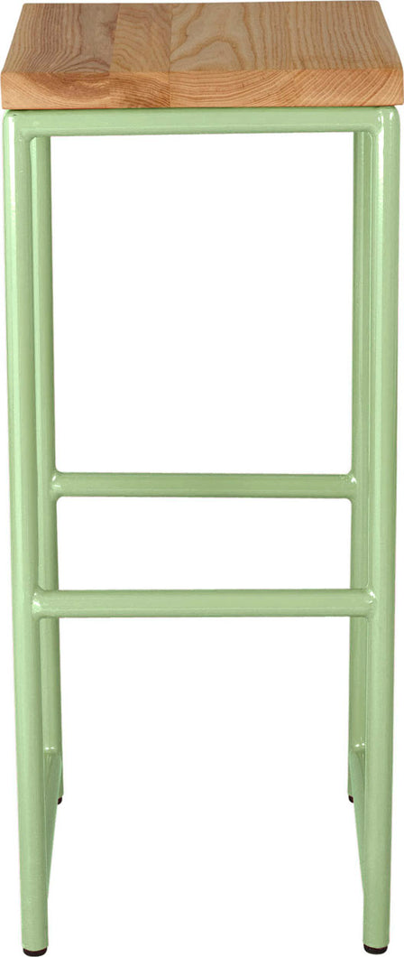 Sage green metal stool with natural stain ash wood made in UK - front view round frame