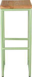 Sage green metal stool with natural stain ash wood made in UK - front view round frame