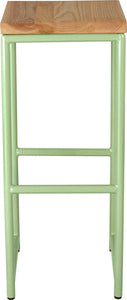Sage green metal stool with natural stain ash wood made in UK - front view round frame