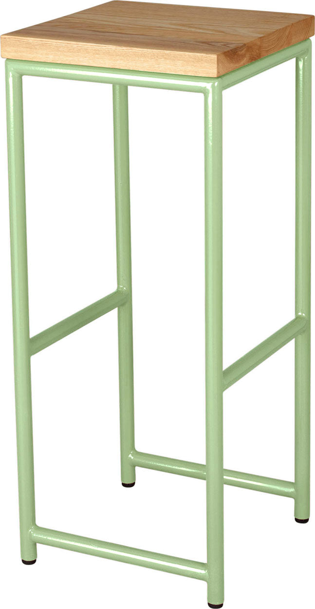 Sage green metal stool with natural stain ash wood made in UK - angle view round frame