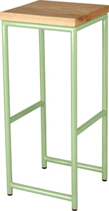Sage green metal stool with natural stain ash wood made in UK - angle view round frame