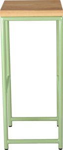 Sage green metal stool with natural stain ash wood made in UK - side view round frame