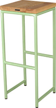 Load image into Gallery viewer, Sage green metal stool with natural stain ash wood made in UK - back side view round frame

