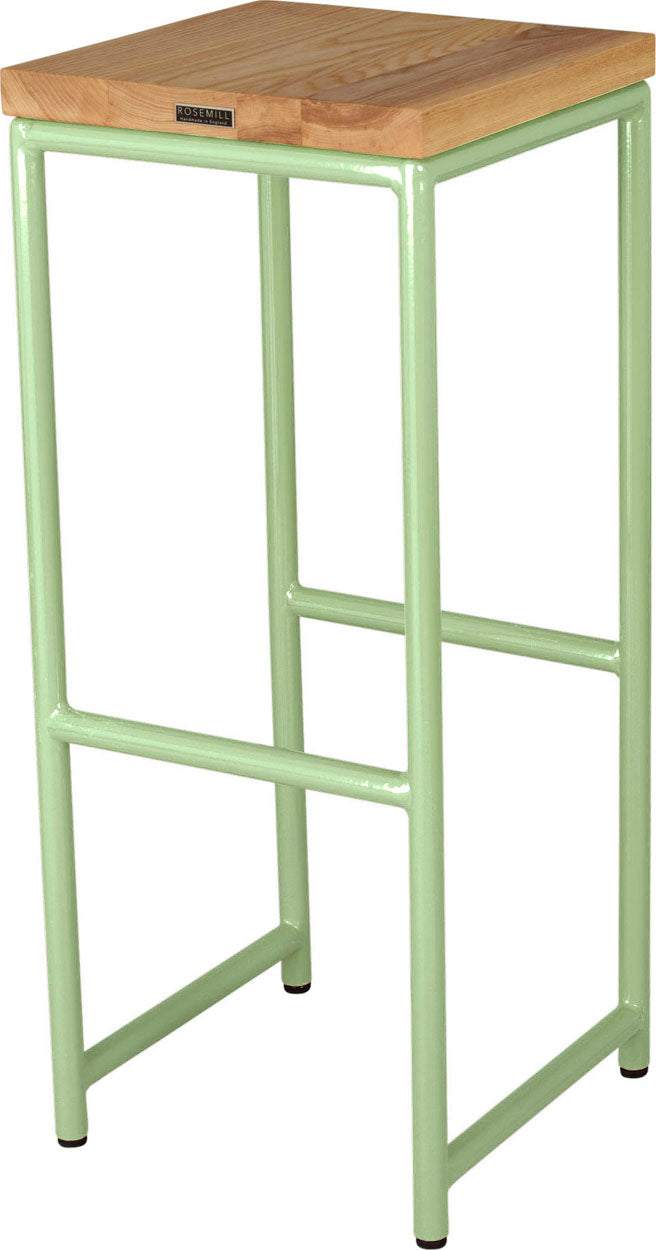 Sage green metal stool with natural stain ash wood made in UK - back side view round frame