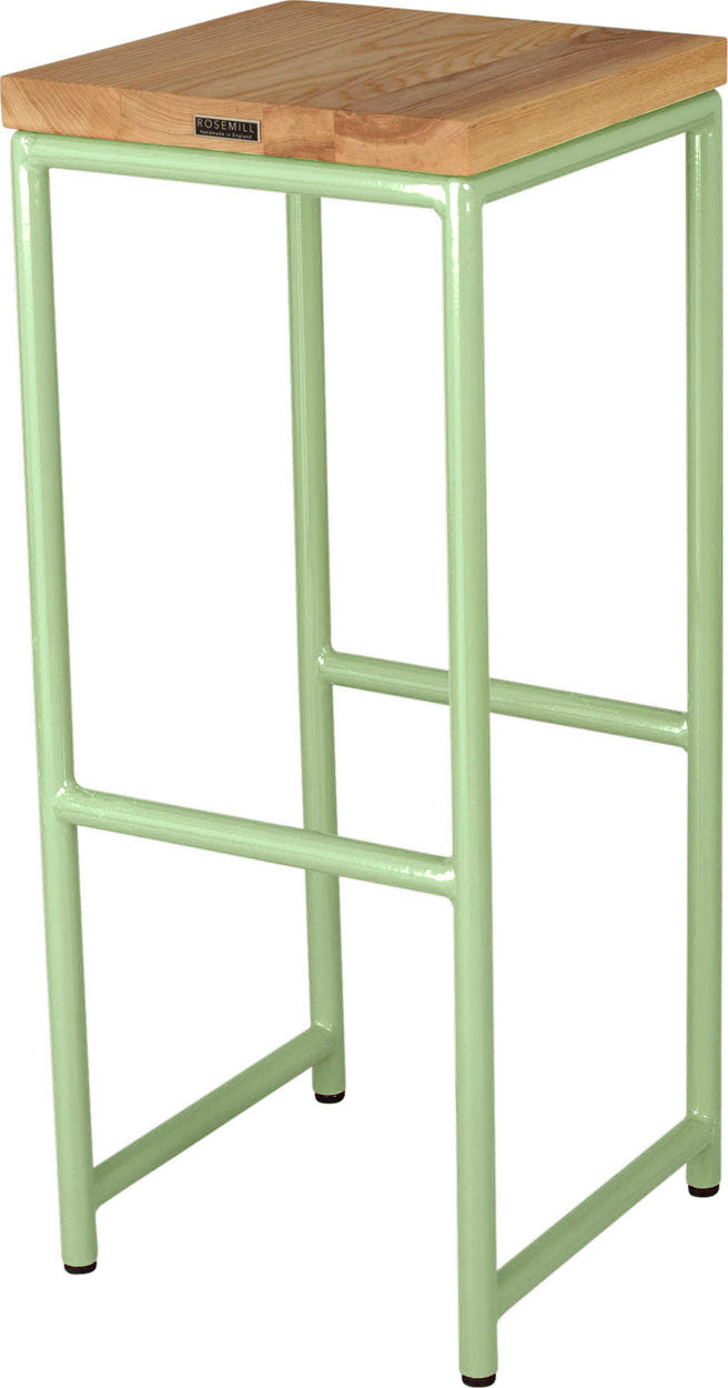Sage green metal stool with natural stain ash wood made in UK - back side view round frame