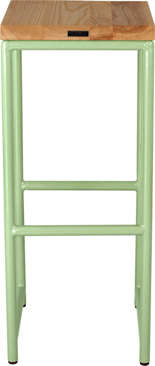 Sage green metal stool with natural stain ash wood made in UK - back view round frame