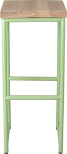 Sage green metal stool with whitewash stain ash wood made in UK - front view round frame