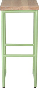 Sage green metal stool with whitewash stain ash wood made in UK - front view round frame