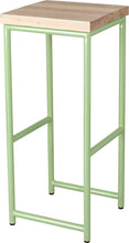Load image into Gallery viewer, Sage green metal stool with whitewash stain ash wood made in UK - angle view round frame
