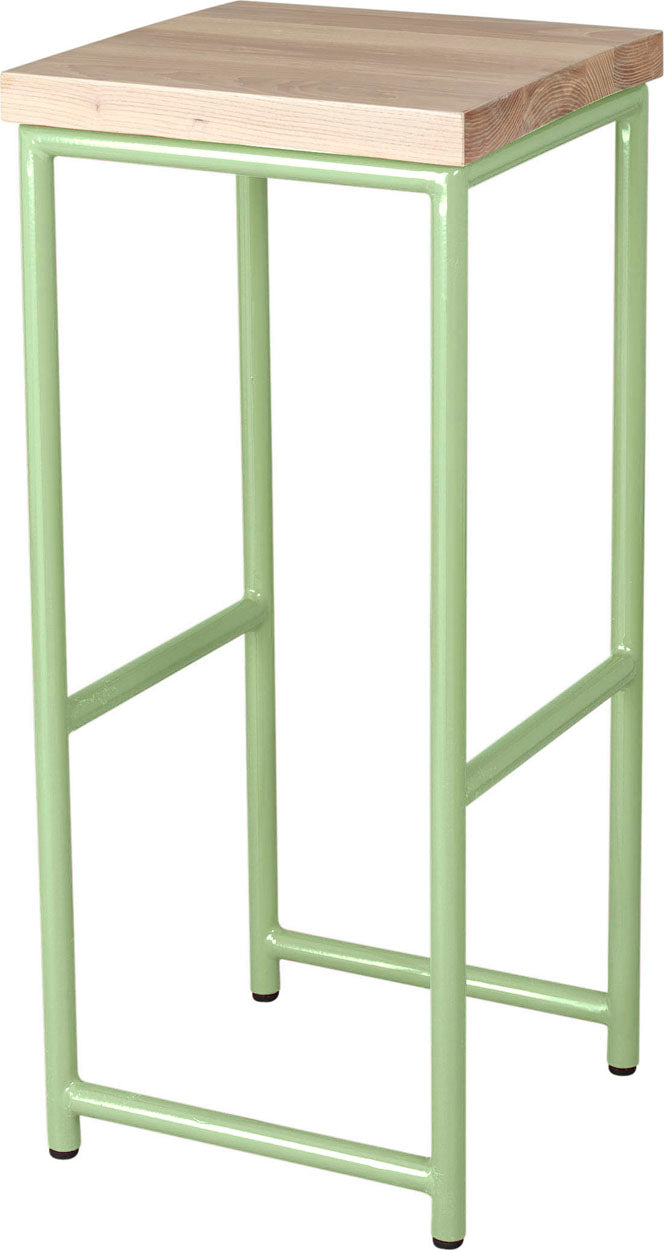 Sage green metal stool with whitewash stain ash wood made in UK - angle view round frame