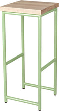 Load image into Gallery viewer, Sage green metal stool with whitewash stain ash wood made in UK - angle view round frame
