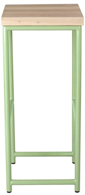 Sage green metal stool with whitewash stain ash wood made in UK - front view round frame