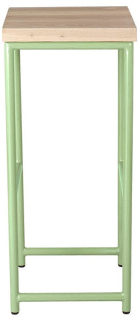 Sage green metal stool with whitewash stain ash wood made in UK - front view round frame