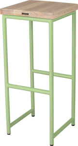 Sage green metal stool with whitewash stain ash wood made in UK - back side view round frame