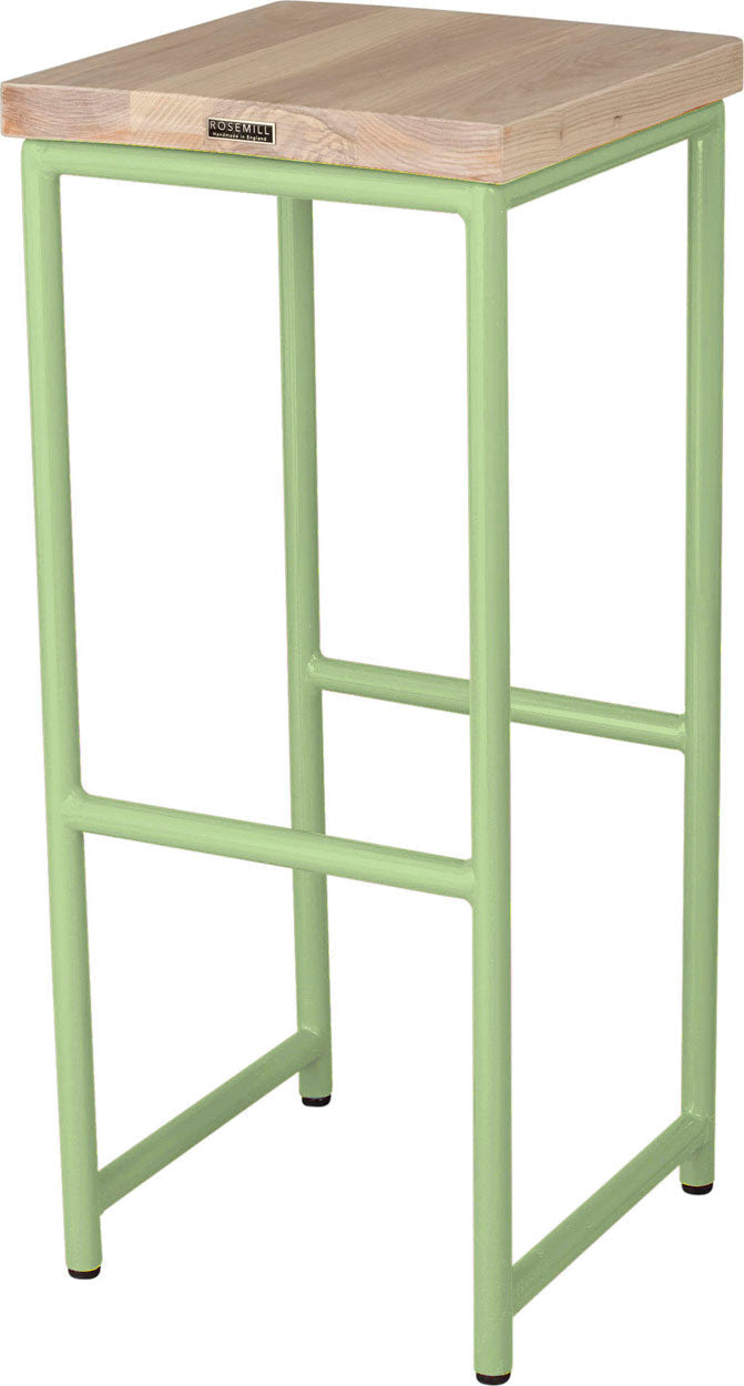 Sage green metal stool with whitewash stain ash wood made in UK - back side view round frame