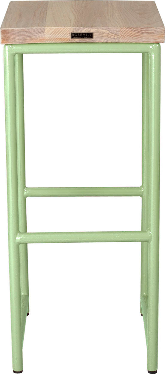 Sage green metal stool with whitewash stain ash wood made in UK - back view round frame